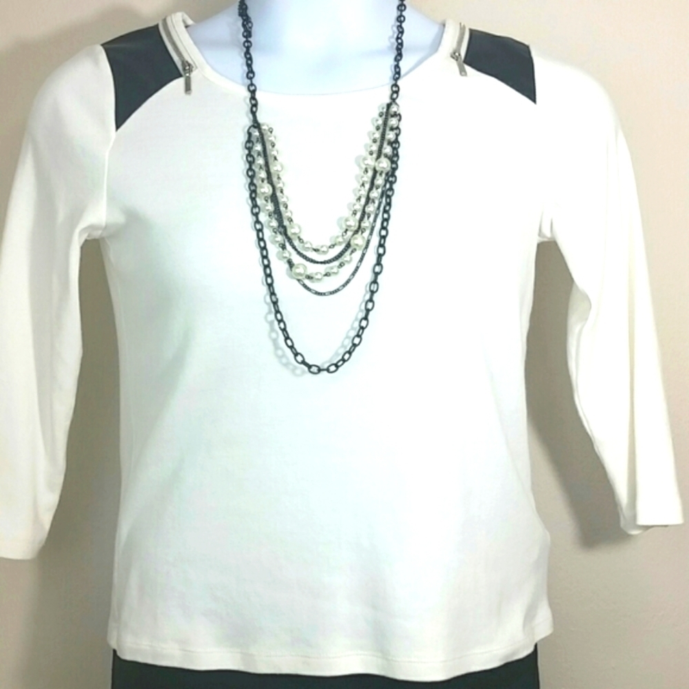 Rafaella Off White Black Faux Leather Shoulder Zipper Top Medium Edgy Chic Stree